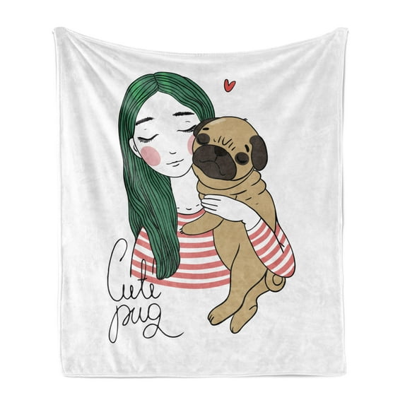 Pug Soft Flannel Fleece Throw Blanket, Dog with Girl Loving Your Pets Bonding with the Animals, Cozy Plush for Indoor and Outdoor Use, 50" x 60", Forest Green Pale Brown, by Ambesonne
