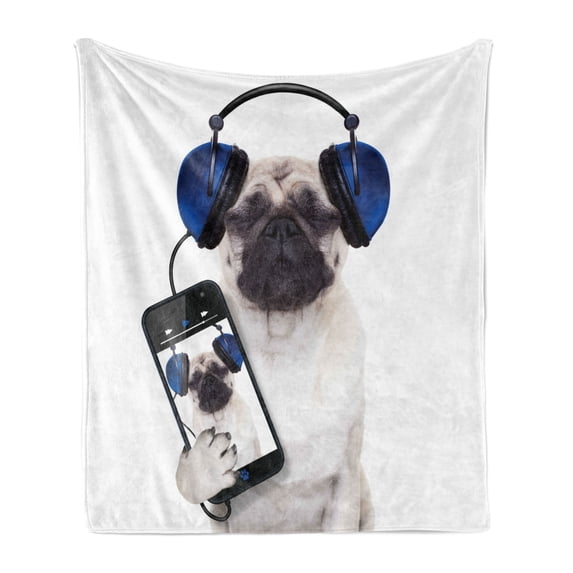 Pug Soft Flannel Fleece Throw Blanket, Dog Listening Music on the Smartphone Groovy Cool Headphones Animal Funny Image, Cozy Plush for Indoor and Outdoor Use, 60" x 80", Navy Blue Black, by Ambesonne