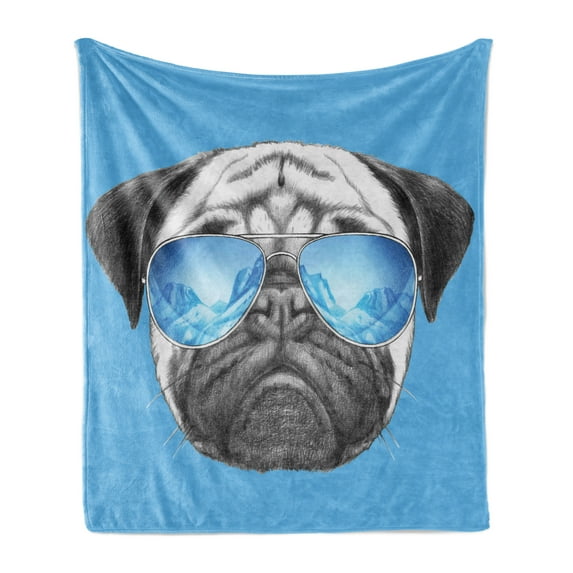 Pug Soft Flannel Fleece Throw Blanket, Dog Portrait Mirror Sunglasses Hand Drawn Illustration of Pet Animal Funny, Cozy Plush for Indoor and Outdoor Use, 60" x 80", Black Pearl Blue, by Ambesonne