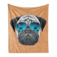 thumbnail image 1 of Pug Soft Flannel Fleece Throw Blanket, Dog Reflecting Aviators Palm Trees Tropical Environment Cool Pet Animal, Cozy Plush for Indoor and Outdoor Use, 50" x 70", Black Orange Blue, by Ambesonne, 1 of 5