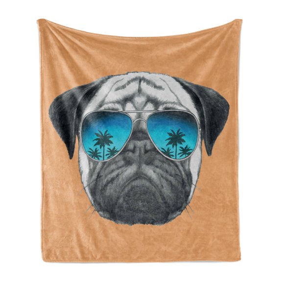 Pug Soft Flannel Fleece Throw Blanket, Dog Reflecting Aviators Palm Trees Tropical Environment Cool Pet Animal, Cozy Plush for Indoor and Outdoor Use, 60" x 80", Black Orange Blue, by Ambesonne