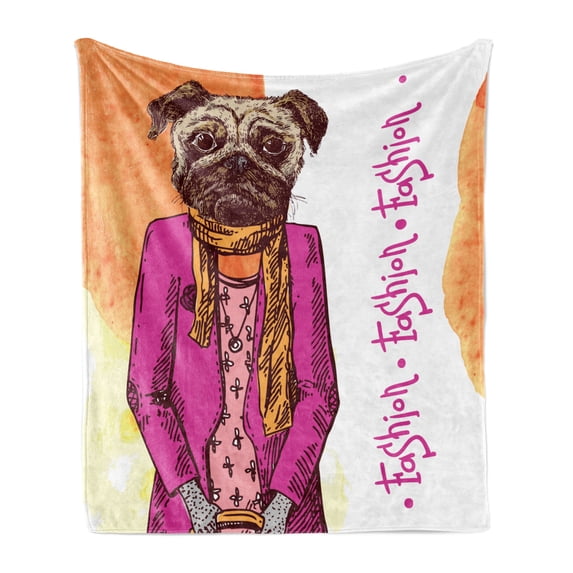 Pug Soft Flannel Fleece Throw Blanket, Fashion Dog with Cool Clothes Scarf Necklace Jacket Handbag Tainted Background, Cozy Plush for Indoor and Outdoor Use, 50" x 60", Hot Pink Amber, by Ambesonne