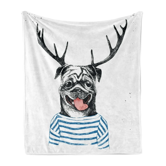 Pug Soft Flannel Fleece Throw Blanket, Hipster Dog with Antlers Hand Drawn Surreal Funny Illustration Happy Pug Image, Cozy Plush for Indoor and Outdoor Use, 50" x 70", Black Blue White, by Ambesonne