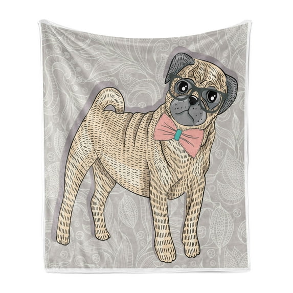 Pug Soft Flannel Fleece Throw Blanket, Hipster Pug with Nerdy Glasses and Bow Tie Cartoon Design Funny, Cozy Plush for Indoor and Outdoor Use, 50" x 70", Pale Yellow Pale Pink, by Ambesonne