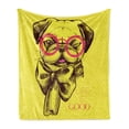 thumbnail image 1 of Pug Soft Flannel Fleece Throw Blanket, Intellectual Dog with Glassesd a Wink Life is Inscribed on the Background, Cozy Plush for Indoor and Outdoor Use, 50" x 60", Yellow Pink, by Ambesonne, 1 of 5