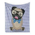 thumbnail image 1 of Pug Soft Flannel Fleece Throw Blanket, Nerdy Glasses and Dotted Bow Tie on a Puppy Pug with a Checkered Backdrop, Cozy Plush for Indoor and Outdoor Use, 50" x 70", Sand Brown Black Blue, by Ambesonne, 1 of 5