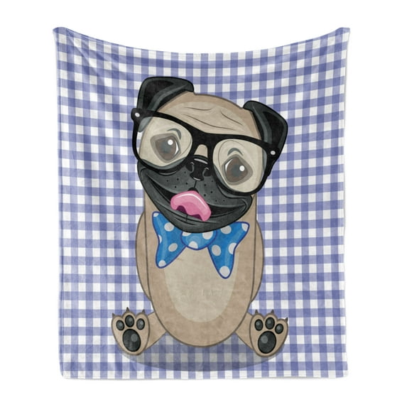 Pug Soft Flannel Fleece Throw Blanket, Nerdy Glasses and Dotted Bow Tie on a Puppy Pug with a Checkered Backdrop, Cozy Plush for Indoor and Outdoor Use, 70" x 90", Sand Brown Black Blue, by Ambesonne