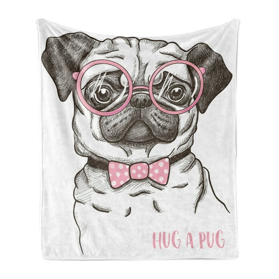 Pug Soft Flannel Fleece Throw Blanket, Pet Dog Pastel Bow Tie Oversized Glasses Hand Drawn Domesticated, Cozy Plush for Indoor and Outdoor Use, 50" x 70", Brown Pale Pink White, by Ambesonne
