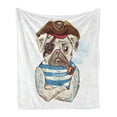 thumbnail image 1 of Pug Soft Flannel Fleece Throw Blanket, Pirate Pug Conqueror of the Seas Skulls and Bones Hat Striped Design Marine Theme, Cozy Plush for Indoor and Outdoor Use, 60" x 80", Brown Blue, by Ambesonne, 1 of 5