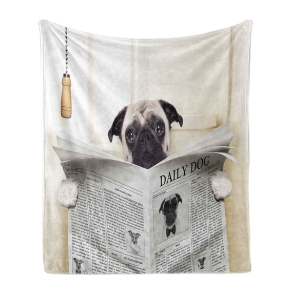 Pug Soft Flannel Fleece Throw Blanket, Puppy Reading the Newspaper on the Toilet Bathroom Funny Image Pug Joke Print, Cozy Plush for Indoor and Outdoor Use, 60" x 80", Cream Black White, by Ambesonne