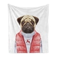 thumbnail image 1 of Pug Soft Flannel Fleece Throw Blanket, Red Vest and Christmas Sweater on a Dog Hand Drawn Animal Fun Image, Cozy Plush for Indoor and Outdoor Use, 50" x 70", Pale Brown Red White, by Ambesonne, 1 of 5