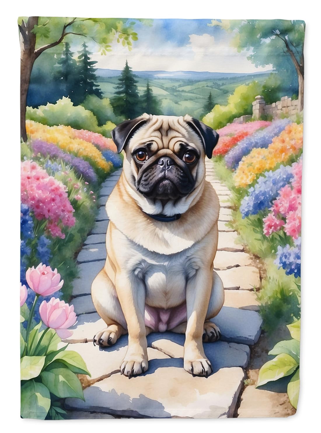 Caroline's Treasures DAC6699CHF Pug Spring Path House Flag Large Porch Sleeve Pole Decorative Outside Yard Banner Artwork Wall Hanging, Polyester, House Size, Multicolor