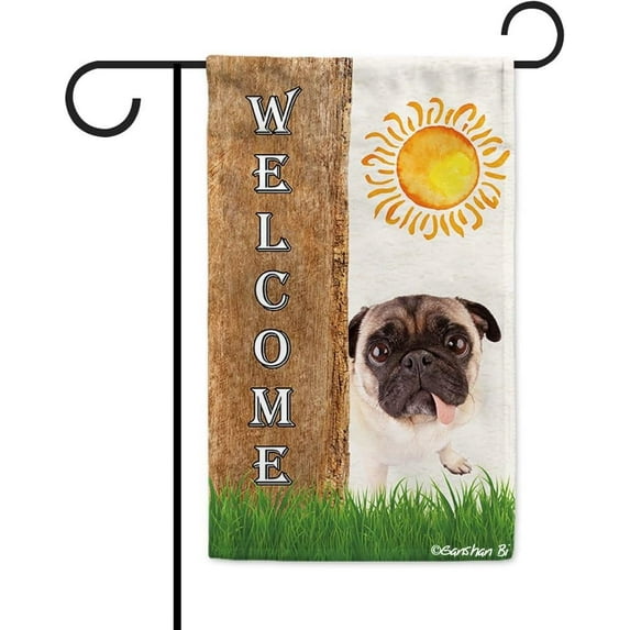 Pug Spring Summer Welcome Garden Flag Dog Hides Behind a Tree Sun Outside Yard Decor Flag Banner 12.5X18 Inch Double Side Style 3
