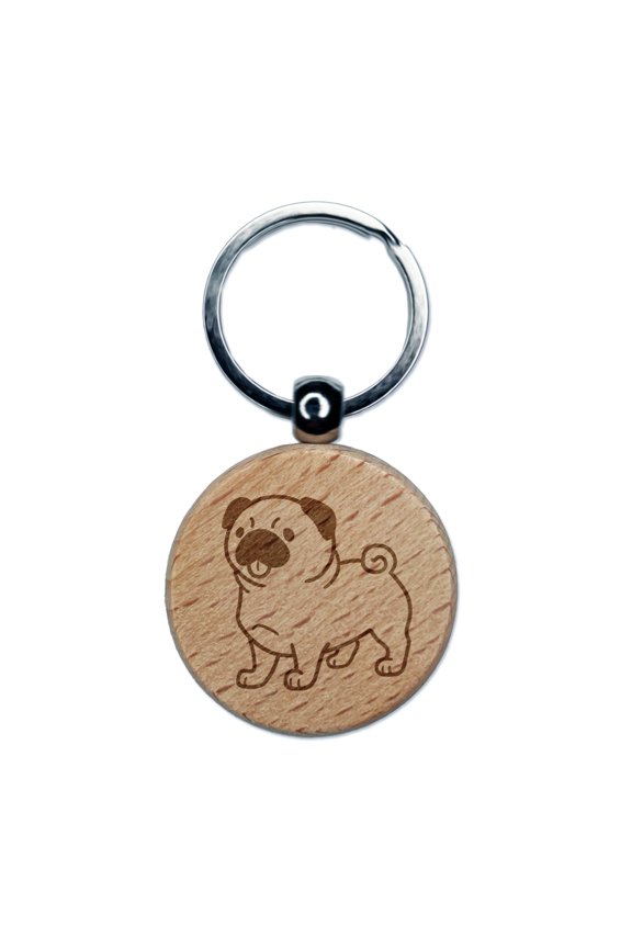 Pug Standing with Tongue Out Dog Round Keychain Charm Tag - Engraved Wood