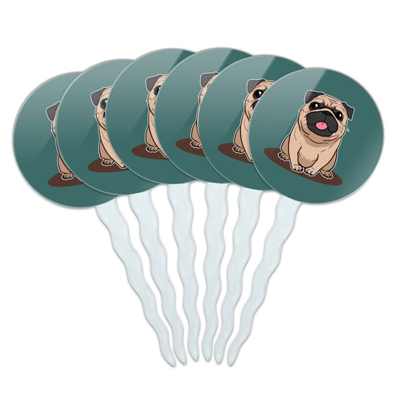 Pug Sticking Out Tongue Cupcake Picks Toppers Decoration Set of 6