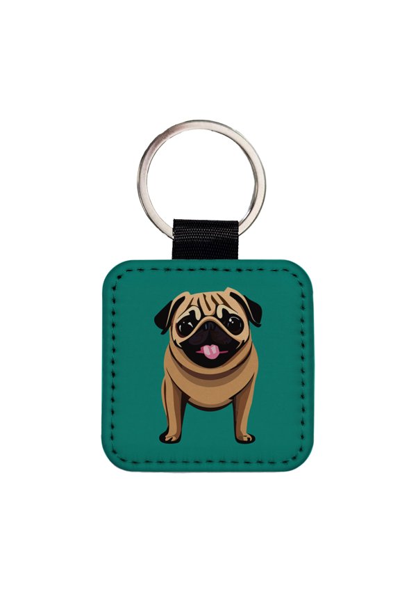 Pug Sticking Out Tongue Dog Faux Leather Square Keychain