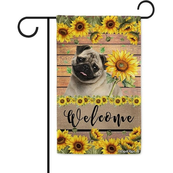 Pug Sunflower Garden Flag Dog Welcome Spring Summer Wooden Print Flag Banner Outside Yard Decor 12.5X18 Inch Double Side Style 1
