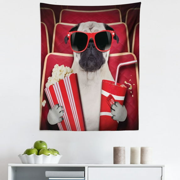 Pug Tapestry, Funny Dog Watching Movie Popcorn Soft Drink and Glasses Animal Photograph, Fabric Wall Hanging Decor for Bedroom Living Room Dorm, 5 Sizes, Cream Ruby and Vermilion, by Ambesonne
