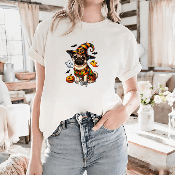 Pug Tastic Pumpkin Proud Witch Hat Dog Retro Halloween Graphic Print Unisex T-Shirt up to size 5XL