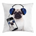 thumbnail image 1 of Pug Throw Pillow Cushion Cover, Dog Listening Music on the Smartphone Groovy Cool Headphones Animal Funny Image, Decorative Square Accent Pillow Case, 18 X 18 Inches, Navy Blue Black, by Ambesonne, 1 of 2