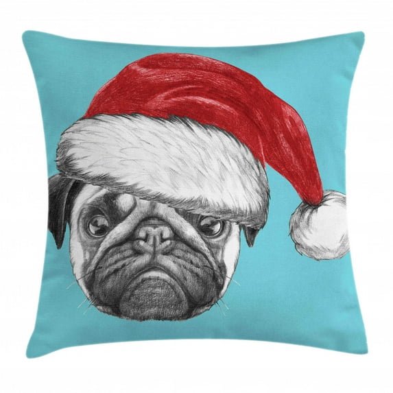 Pug Throw Pillow Cushion Cover, Dog Portrait with Santa Hat Christmas Imagery Fun Illustration on Blue Background, Decorative Square Accent Pillow Case, 24 X 24 Inches, Blue Ruby Grey, by Ambesonne