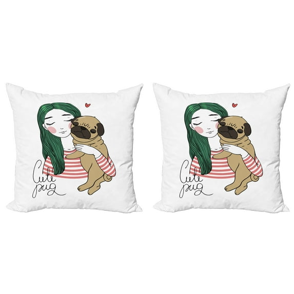 Ambesonne Pug Throw Pillow Cover 2 Pack, Dog with Girl, 18", Forest Green Pale Brown