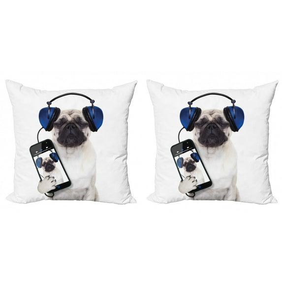 Ambesonne Pug Throw Pillow Cover 2 Pack, Music Listening Dog Phone, 18", Navy Blue Black