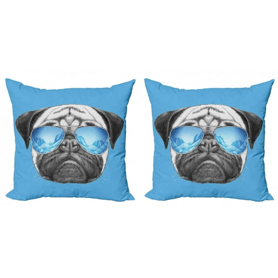 Ambesonne Pug Throw Pillow Cover 2 Pack, Portrait with Sunglasses, 16", Black Pearl Blue