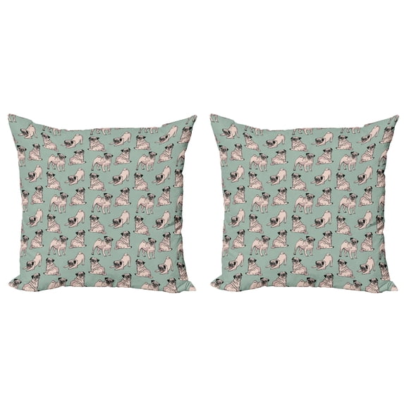 Ambesonne Pug Throw Pillow Cover 2 Pack, Sitting Stretching Dog, 18", Turquoise