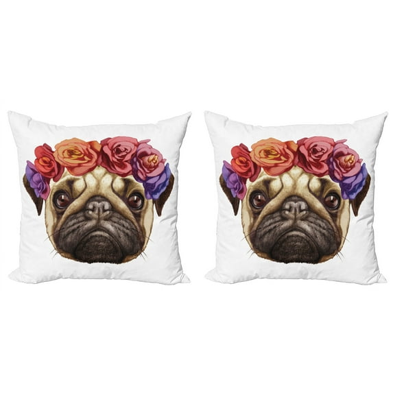 Ambesonne Pug Throw Pillow Cover 2 Pack, Floral Head Wreath Fun, 18", Pale Brown Purple Red