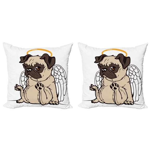 Ambesonne Pug Throw Pillow Cover 2 Pack, Pet Puppy with Wings and Hare, 18", Orange Beige and Brown