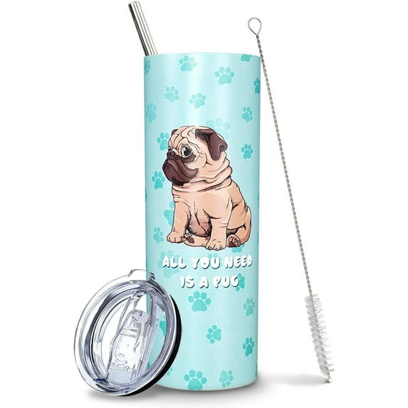Pug Travel Mug for Hot and Cold, Pug Gifts for Pug Lovers, Pug Water Bottle/Mug, Funny Pug Themed Gifts for Pug Lovers Kids Men Women, Pug Party Supplies/Decor, 20 Oz Pug Tumbler with Straw and Lid