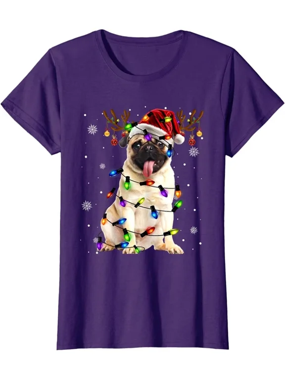 Pug Tree Lights Santa Dog Christmas Gift Graphic Design For Everyday Style T-Shirt, Size S-5XL
