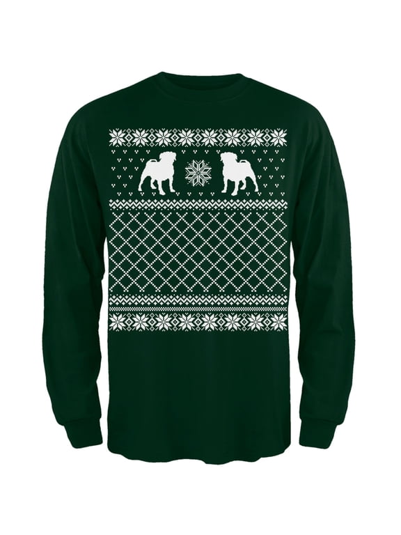 Pug Ugly Christmas Sweater Green Adult Long Sleeve T-Shirt - Large