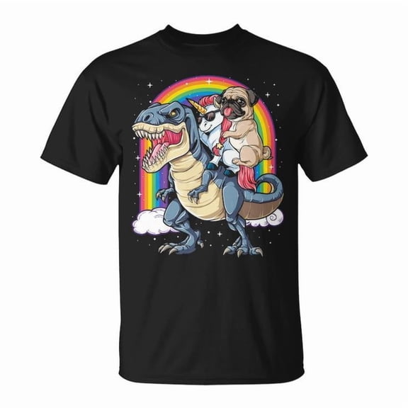 Pug Unicorn Dinosaur T-Rex Rainbow Graphic Tee Unisex Adult Cotton Fun Pet Lover Design T-Shirt for Kids Girls Women Casual Everyday Wear, Size M, Color Black