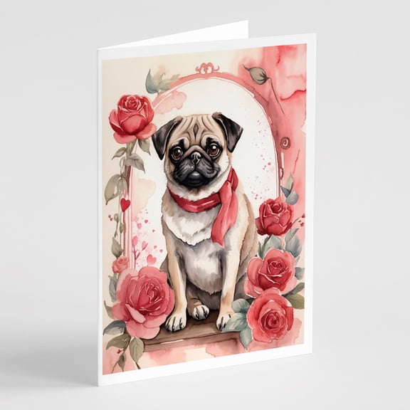 Pug Valentine Roses Greeting Cards Pack of 8 7 in x 5 in