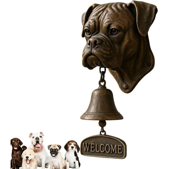 Pug Welcome Doorbell – Vintage Cast Iron Dog Door Bell with “Welcome” Sign, Wall Mounted Outdoor Dinner Bell for Farmhouse, Porch, Yard, Garden Gate Decor
