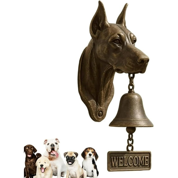 Pug Welcome Doorbell – Vintage Cast Iron Dog Door Bell with “Welcome” Sign, Wall Mounted Outdoor Dinner Bell for Farmhouse, Porch, Yard, Garden Gate Decor