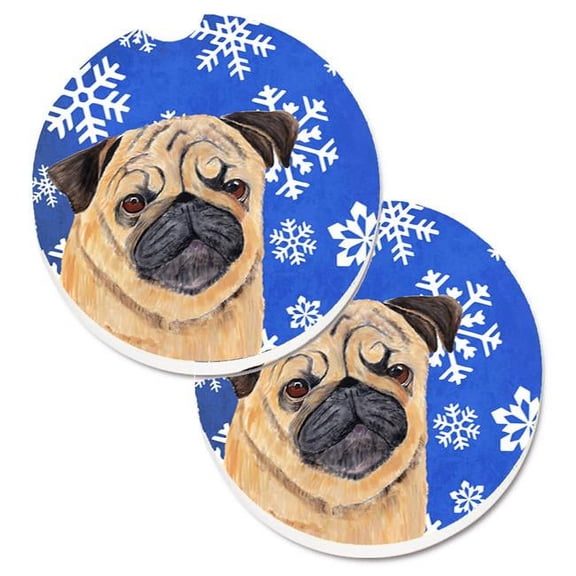 Pug Winter Snowflakes Holiday Set of 2 Cup Holder Car Coaster