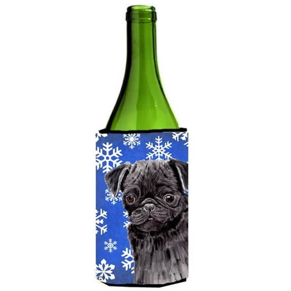 Pug Winter Snowflakes Holiday Wine bottle sleeve Hugger - 24 oz.