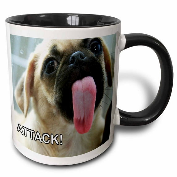 3drose, Pug with Its Tounge Out, Attack, 15oz Two-tone Black Mug