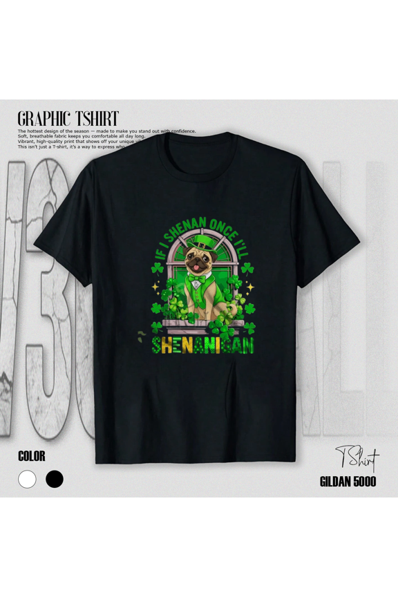 Pug Wrinkly Luck St Patricks Day Irish Shenanigan Celebration Unisex T-shirt, up to size 5XL