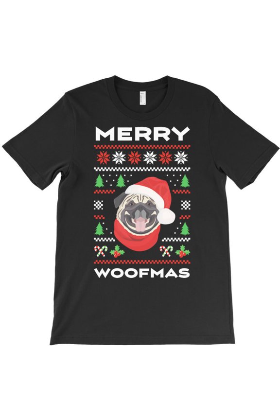 Pug Xmas Funny Merry Woofmas Holiday Dog Pun Graphic T-Shirt G1565, Up to 5XL