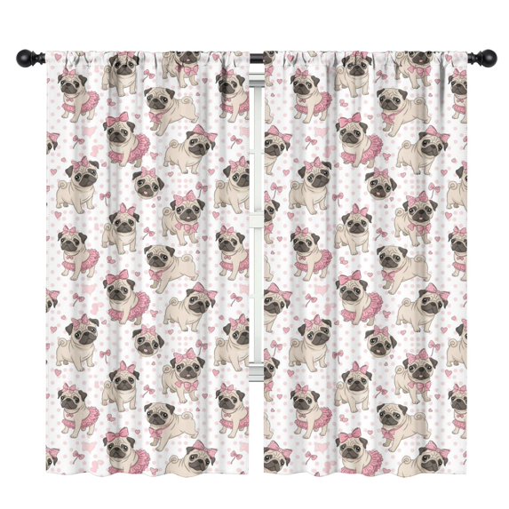 Pug and Bows White Pattern Insulated Teens Curtains Set Of 2, Bedroom Essentials, Toddler Room Decor 42"x84"