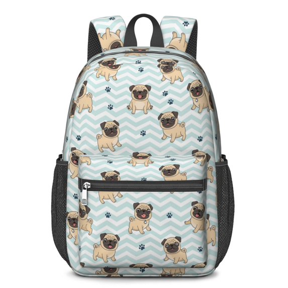Pug and Chevron Blue Pattern 17" Waterproof Oxford School Backpacks for Teens, S-Shape Padded Straps, for School, Travel, Hiking, Camping