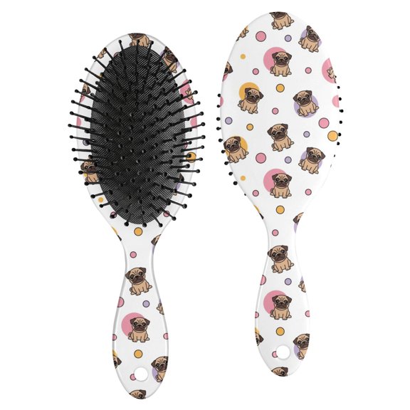 Pug and Circles White Pattern Brush, Detangling Hair Brush, Paddle Styling Brush, Smooth Handle Gifts for Wet Dry Hair Styling