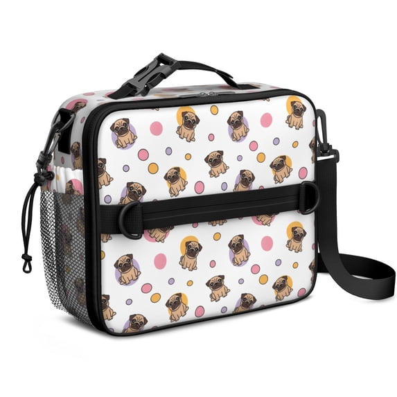 Pug and Circles White Pattern Insulated Lunch Bag with Shoulder Strap and Bottle Holder,Bento School Lunch Bag Box,11x9.5x3.5 Inches
