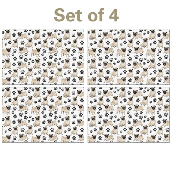 Pug and Dog Paw Print Linen-look Placemats Set Of 4, Farmhouse Table ...