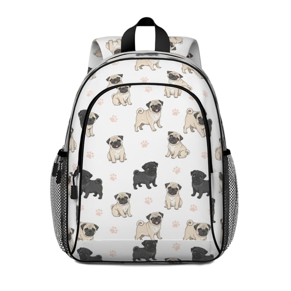 Pug and Dog Paw Print White Pattern Backpack for School, Cute School Bag with Adjustable Shoulder Straps and Padded Back, 15"x11.42"x5.5"