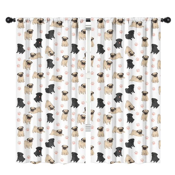 Pug and Dog Paw Print White Pattern Insulated Teens Curtains Set Of 2, Bedroom Essentials, Toddler Room Decor 42x84in(106x213cm)